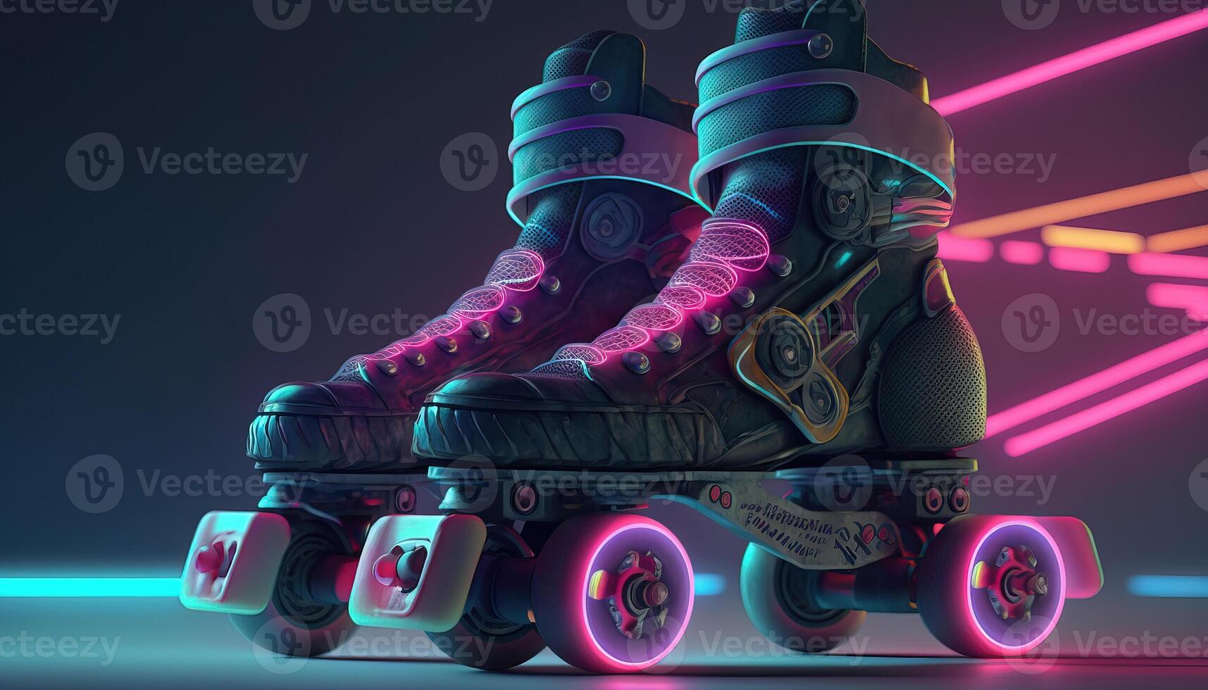 , Roller skate in cyberpunk style, disco nostalgic 80s, 90s. Neon night lights vibrant colors, photorealistic horizontal illustration of the futuristic city. Sport activity concept. photo