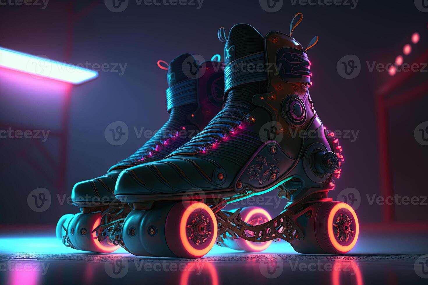 , Roller skate in cyberpunk style, disco nostalgic 80s, 90s. Neon night lights vibrant colors, photorealistic horizontal illustration of the futuristic city. Sport activity concept. photo