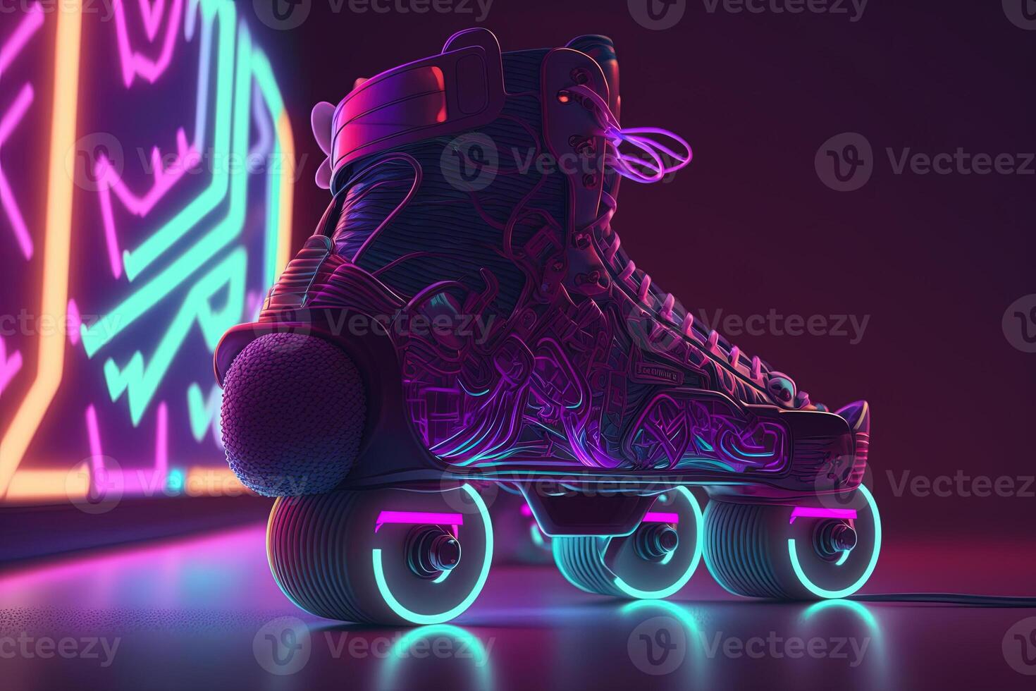, Roller skate in cyberpunk style, disco nostalgic 80s, 90s. Neon night lights vibrant colors, photorealistic horizontal illustration of the futuristic city. Sport activity concept. photo