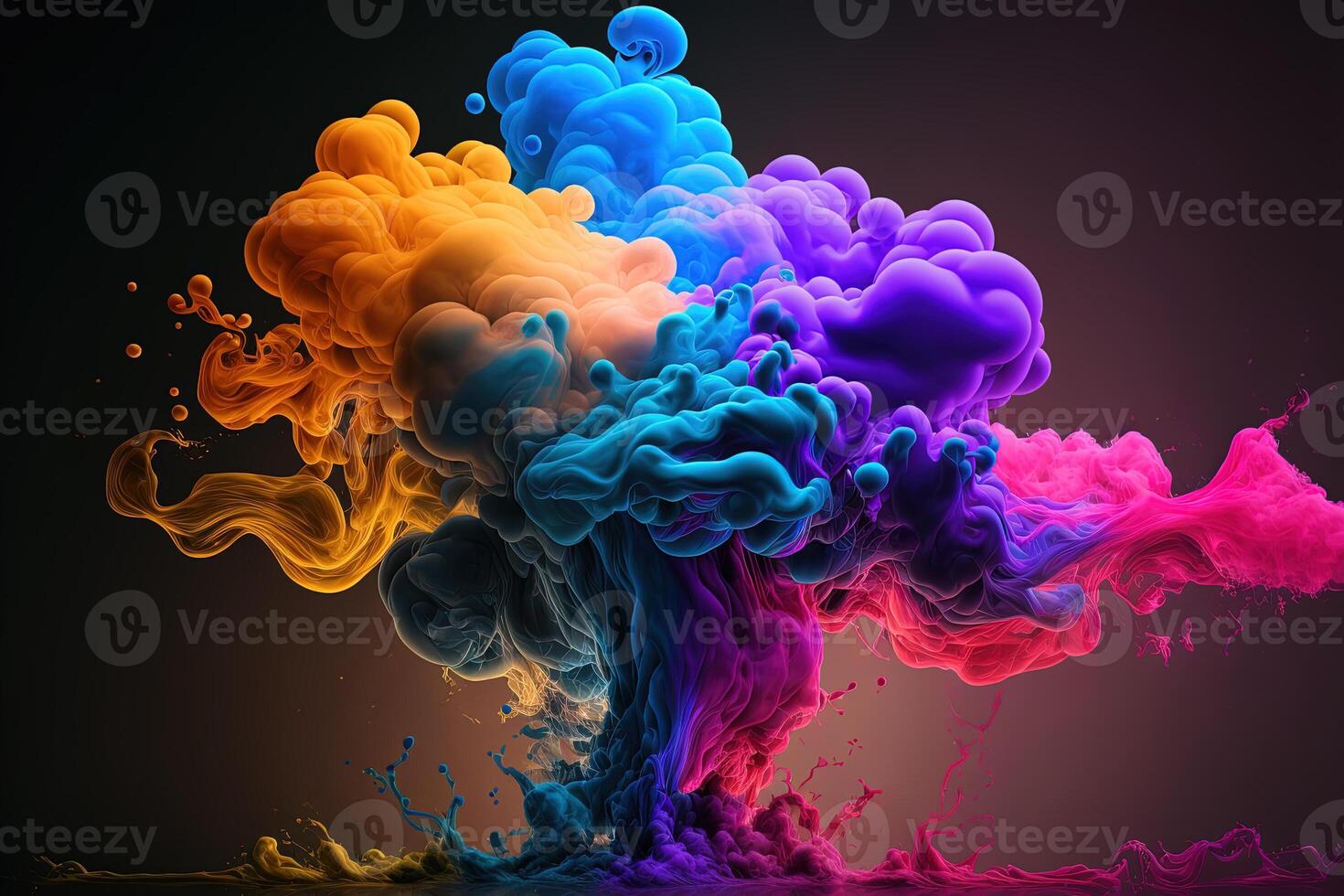 , Flowing colorful liquid and smoke with splashes. Bright fluid banner, 3D effect, modern macro realistic abstract background illustration, ink in water effect. photo