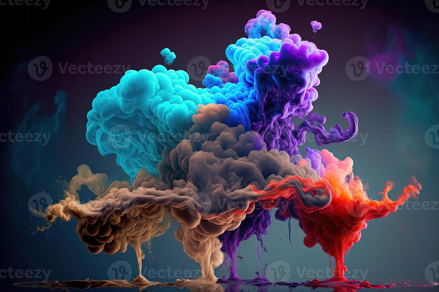 , Flowing colorful liquid and smoke with splashes. Bright fluid banner, 3D effect, modern macro realistic abstract background illustration, ink in water effect. photo
