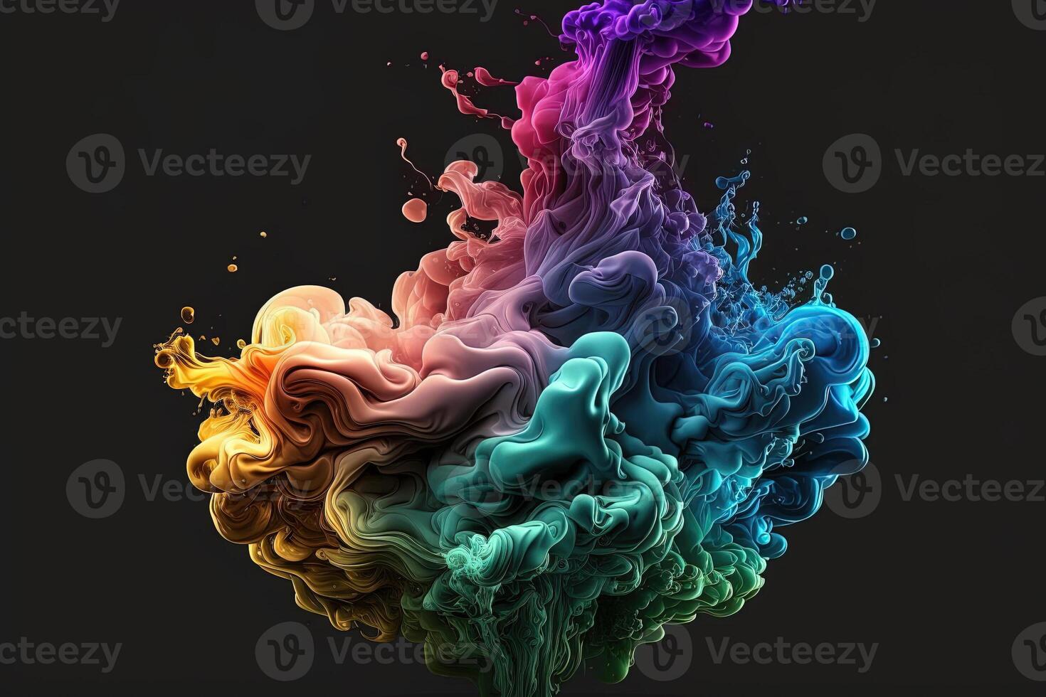 , Flowing colorful rainbow liquid and smoke with splashes. Bright fluid banner, 3D effect, modern macro realistic abstract background illustration, ink in water effect. photo