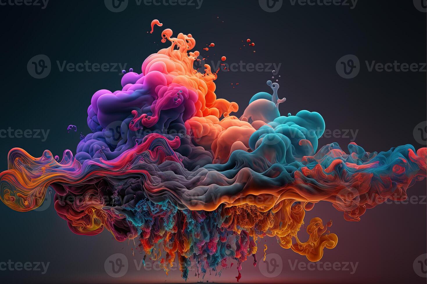 , Flowing colorful liquid and smoke with splashes. Bright fluid banner, 3D effect, modern macro realistic abstract background illustration, ink in water effect. photo