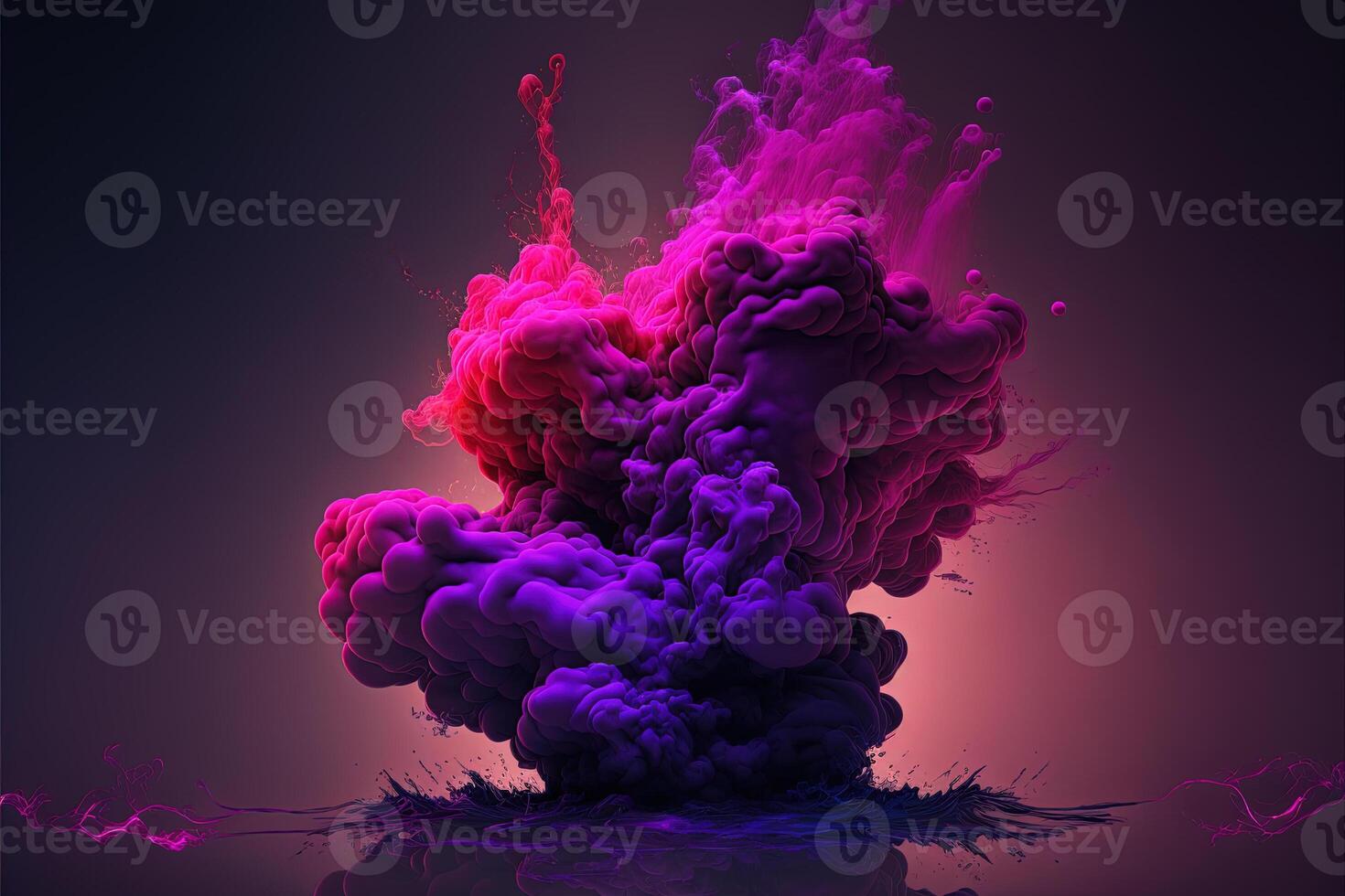 , Flowing liquid and smoke with splashes in magenta and purple color. Bright pink fluid banner, 3D effect, modern macro realistic abstract background illustration, ink in water effect. photo