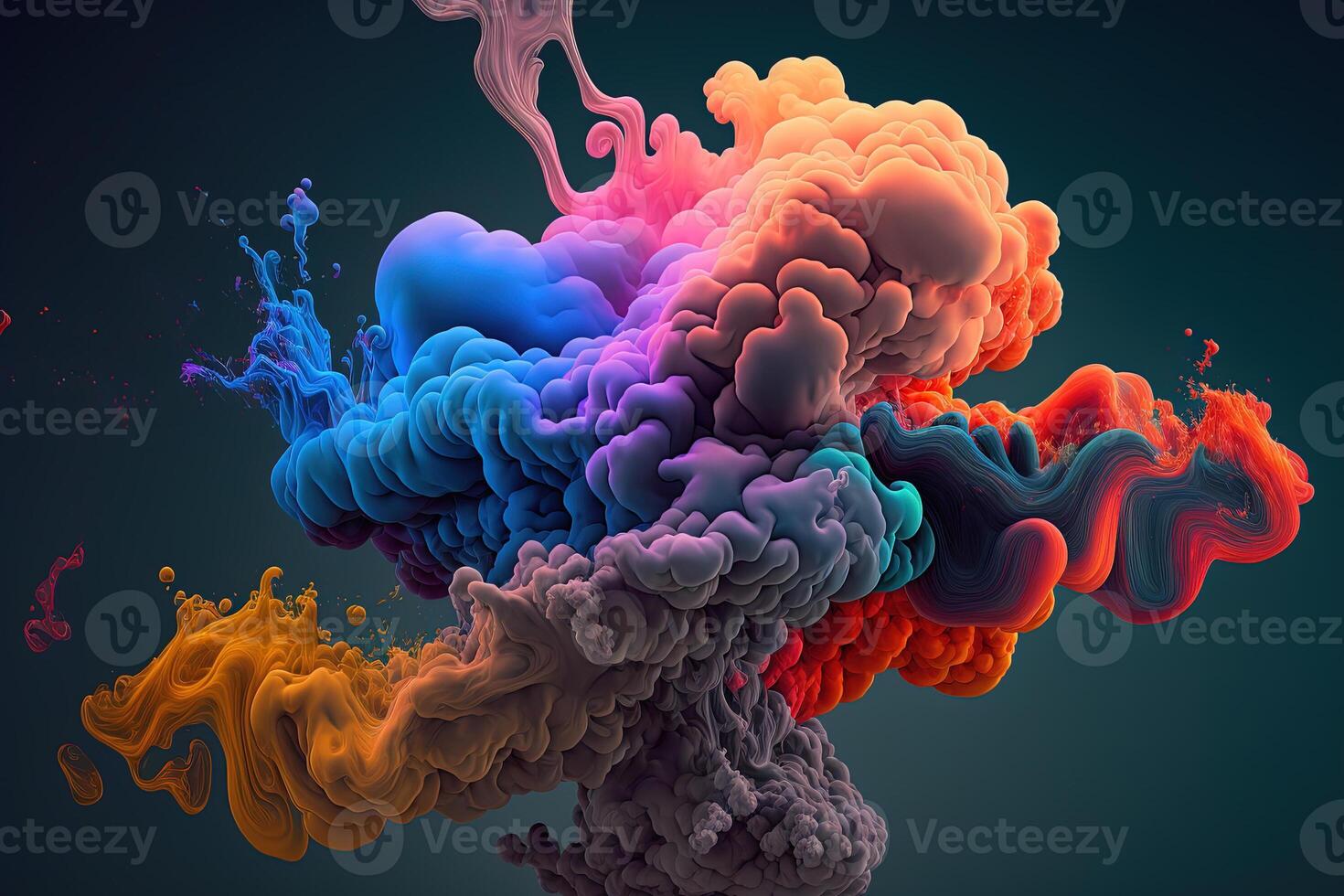 , Flowing colorful liquid and smoke with splashes. Bright fluid banner, 3D effect, modern macro realistic abstract background illustration, ink in water effect. photo