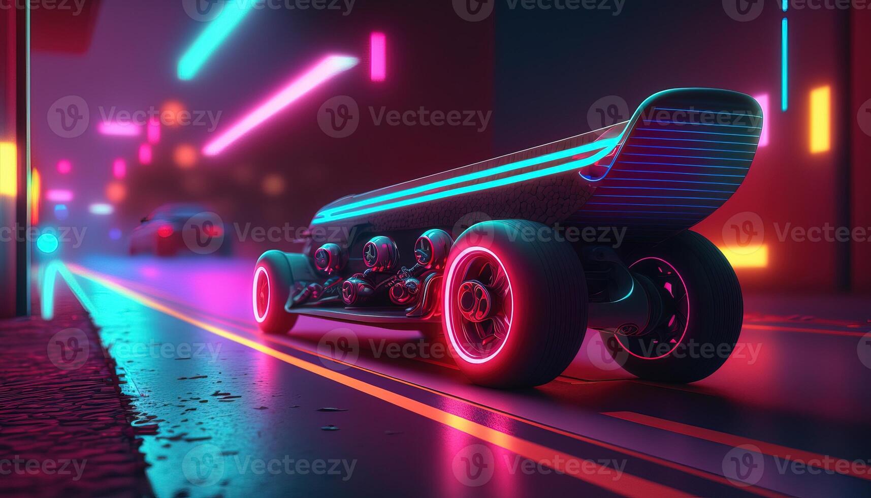 , skate board in cyberpunk style, disco nostalgic 80s, 90s. Neon night lights vibrant colors, photorealistic horizontal illustration of the futuristic city. Sport activity concept. photo