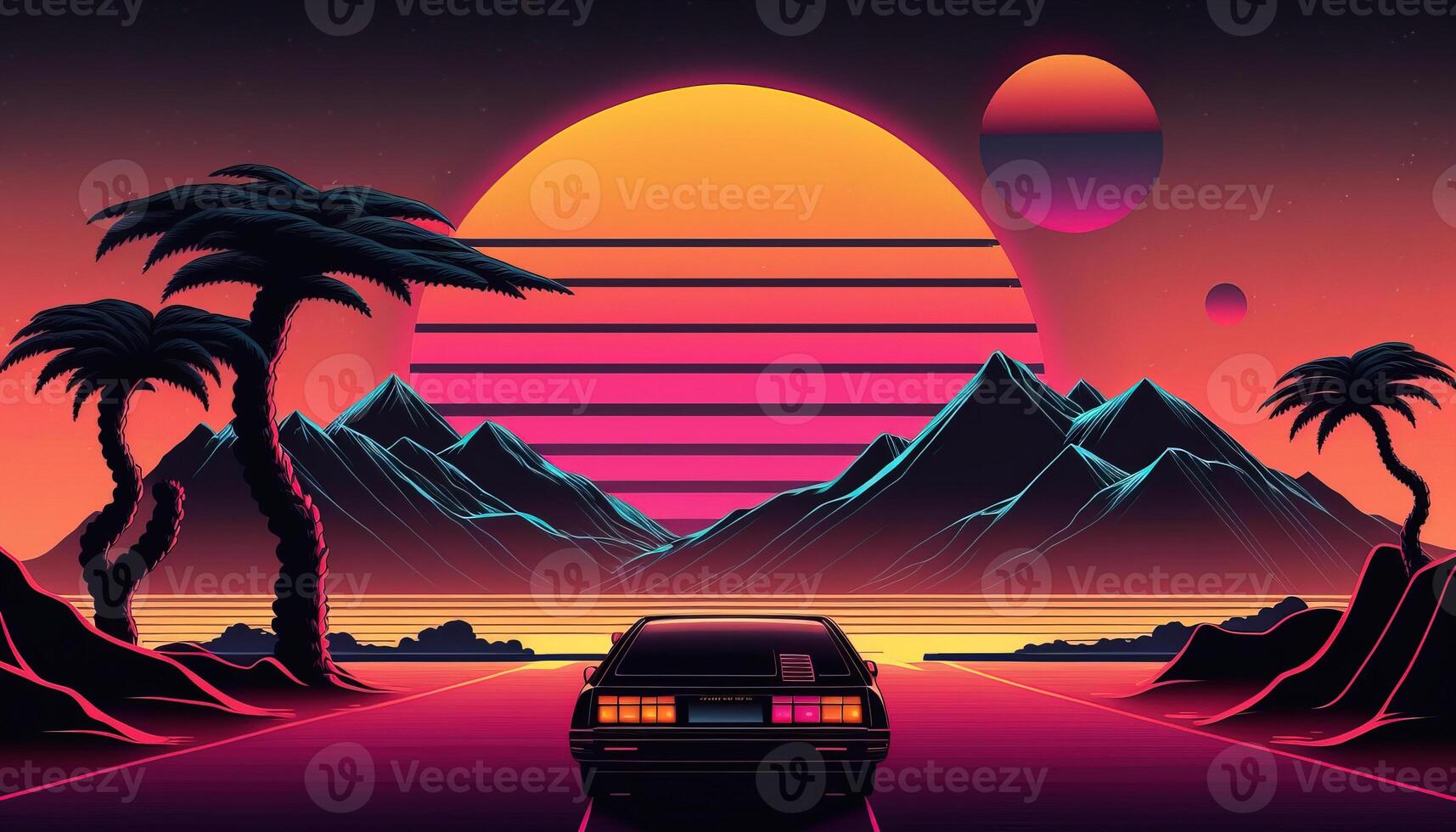 , Retro car in retro style, nostalgic 80s, 90s. Night city landscape, sunset colors, scifi, retrowave vintage illustration. Sun, buildings and birds. Transport, automobile concept. photo