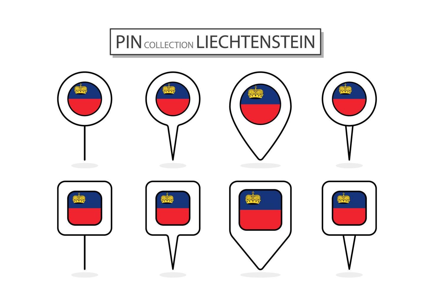 conjunto de plano alfiler Liechtenstein bandera icono en diverso formas plano alfiler icono ilustración diseño. vector