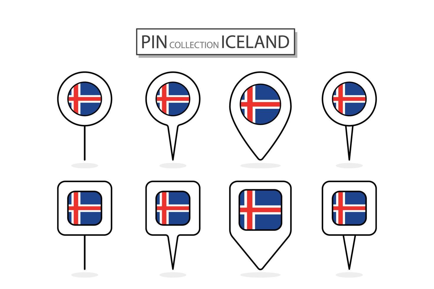 Set of flat pin Iceland flag icon in diverse shapes flat pin icon Illustration Design. vector
