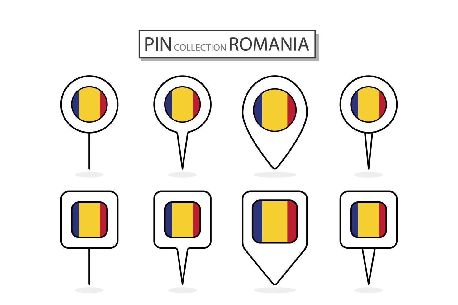 Set of flat pin Romania flag icon in diverse shapes flat pin icon Illustration Design. vector