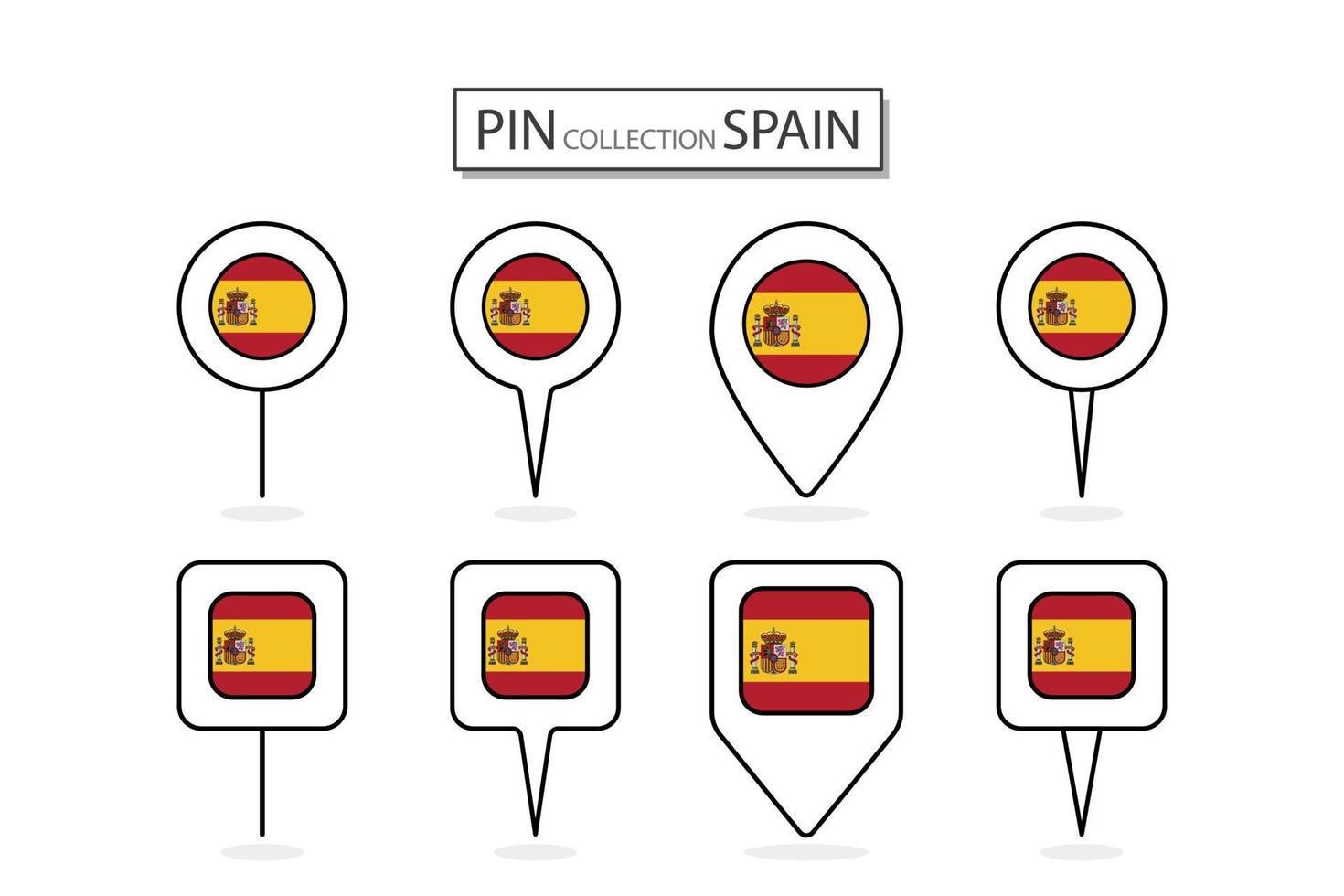 conjunto de plano alfiler España bandera icono en diverso formas plano alfiler icono ilustración diseño. vector