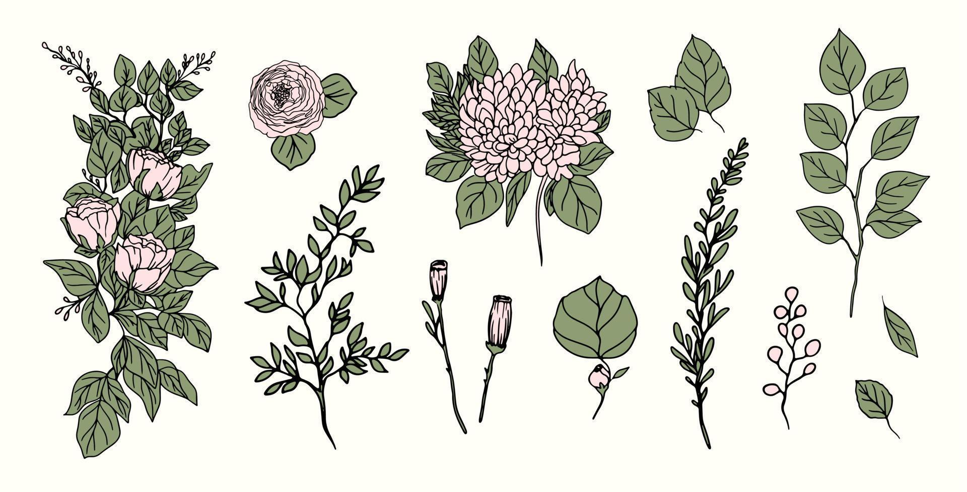 conjunto de vector floral rama en retro estilo.
