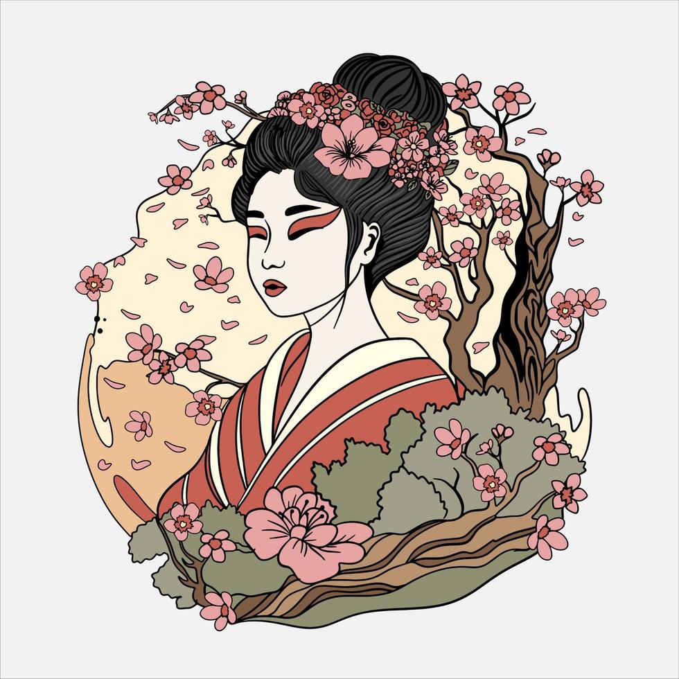hermosa étnico japonés geisha y Cereza flores retro estilo ilustración vector