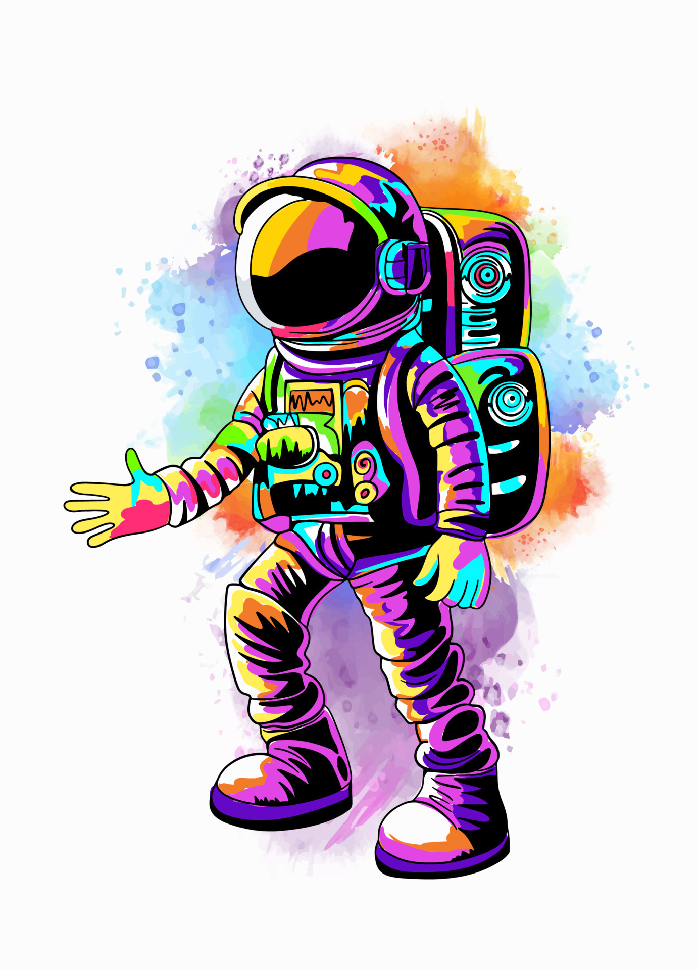 Astronaut and rainbow splash watercolor, vector isolated on white