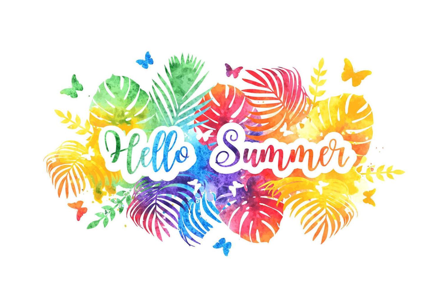 Hello summer bright rainbow banner, postcard. Vector Watercolor splash background