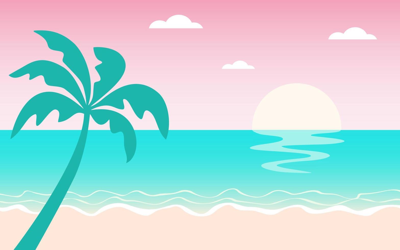 Sea landscape. Sunset with pink sky and turquoise sea. Vector illustration
