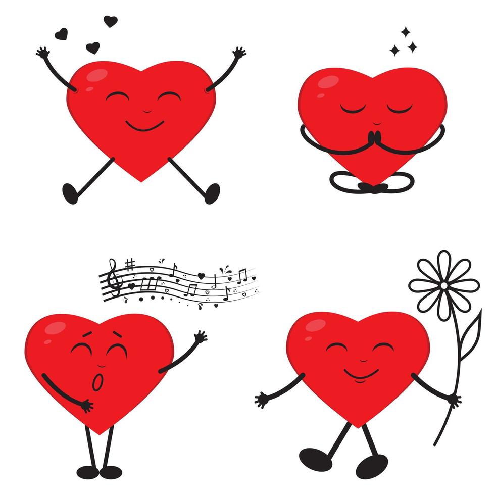 Cartoon red heart character with funny face. Happy cute heart emoji set. Love vector illustration. Valentine Day card