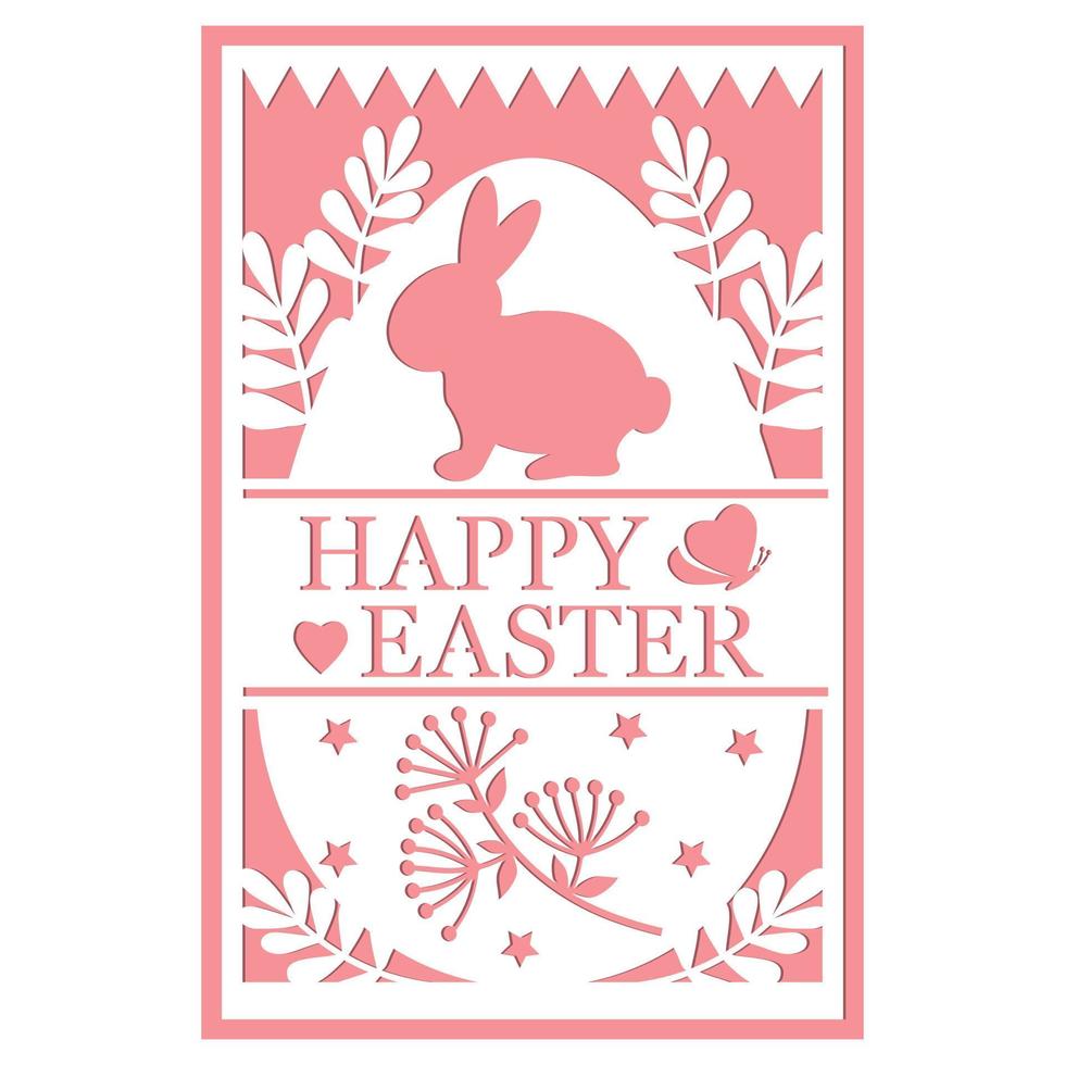 Greeting card template with Easter bunny, papercut style paper cutting, vector illustration