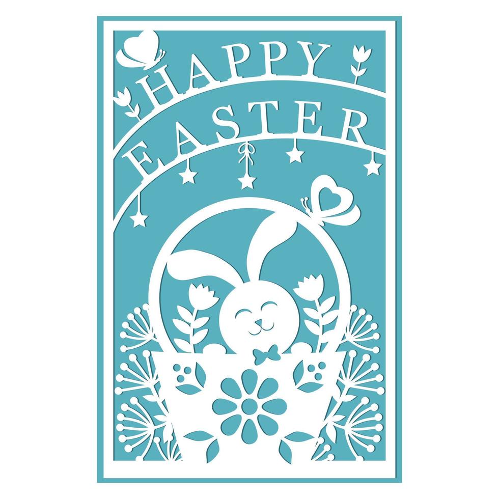 Greeting card template with Easter bunny, papercut style paper cutting, vector illustration