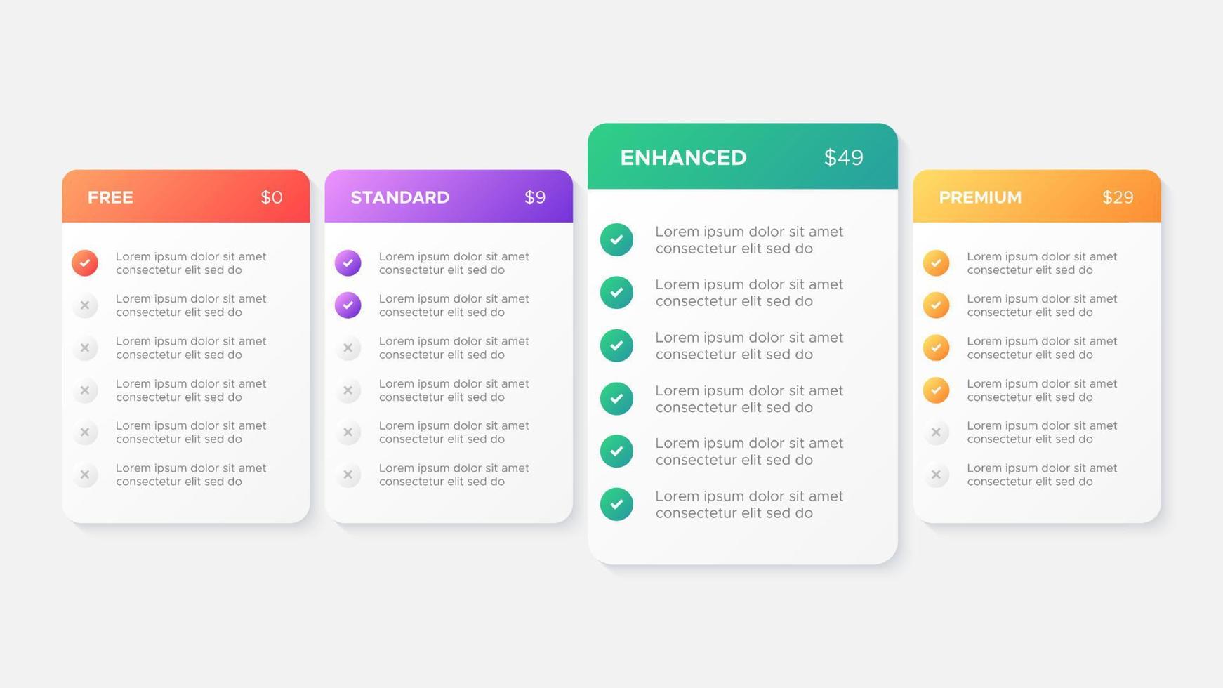 producto plan oferta precio paquete suscripción opciones comparación mesa gráfico infografía diseño modelo vector