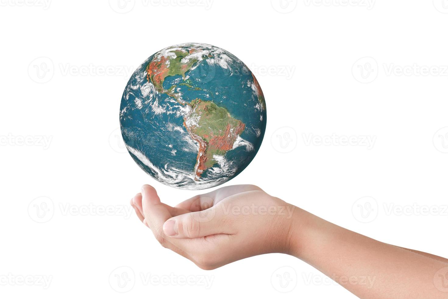 Hand holding Globe, Earth isolated on white background. Elements of this image furnished by NASA photo