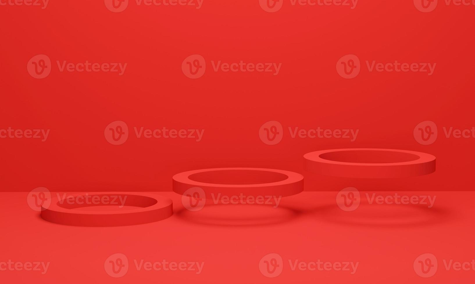 Three circle floating on red background. Abstract minimal scene geometric platform. 3d render illustration. photo