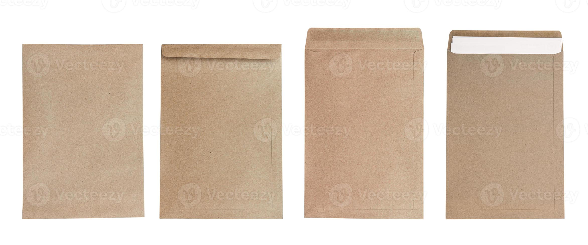 Brown envelope front and back with white paper inside isolated on white background. Object with clipping path photo