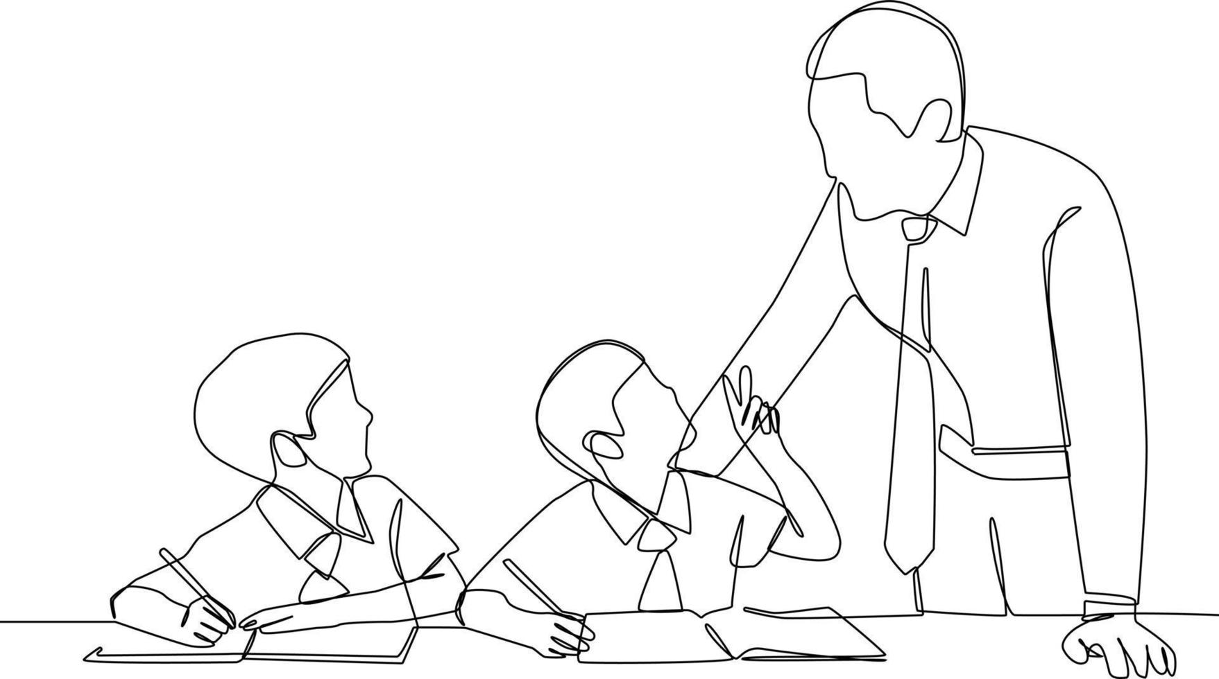 Single one-line drawing the student asks the teacher about the lesson. Class in session concept. Continuous line drawing design graphic vector illustration.