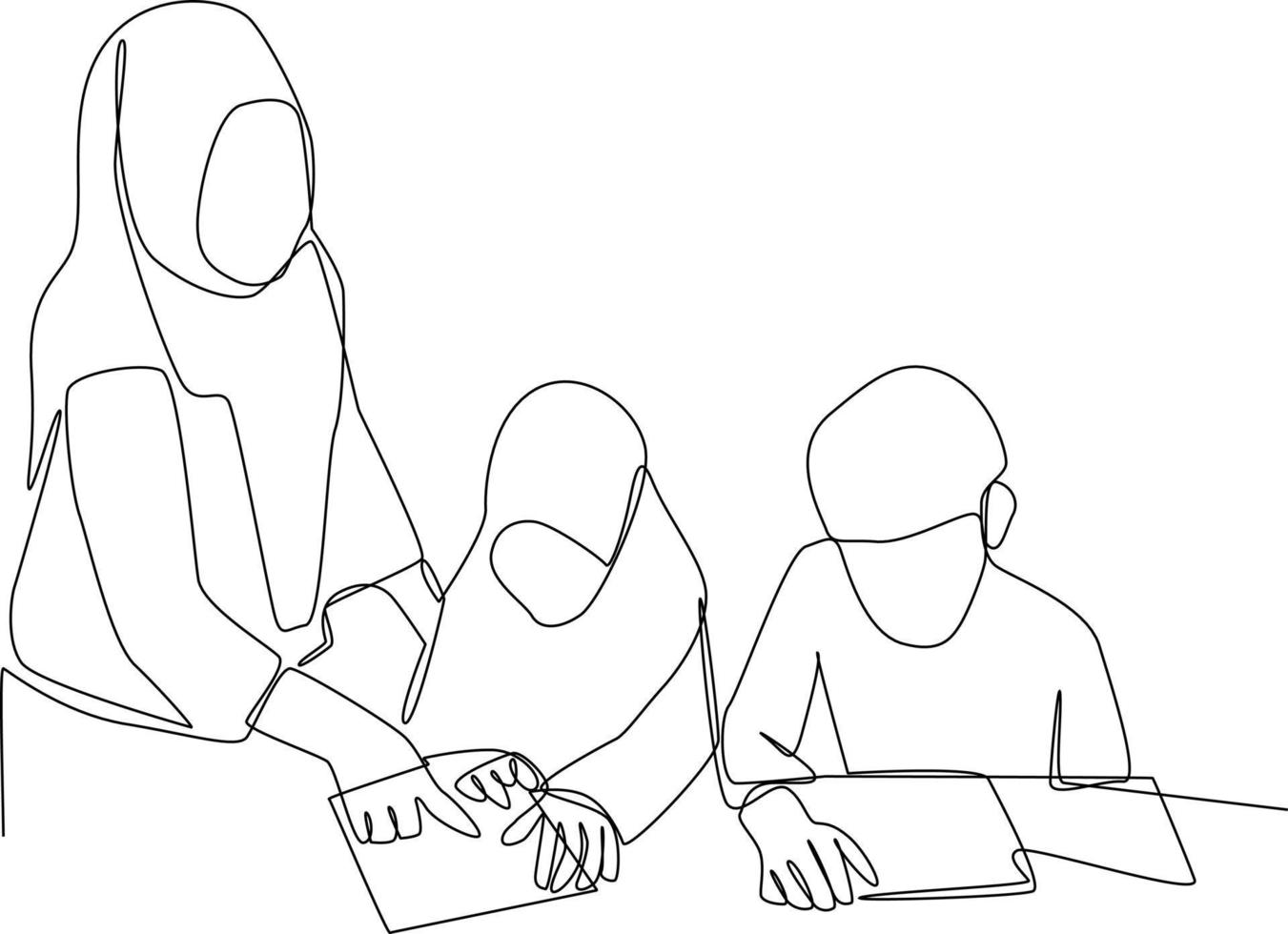 Single one-line drawing the teacher corrects the student's mistakes. Class in session concept. Continuous line drawing design graphic vector illustration.