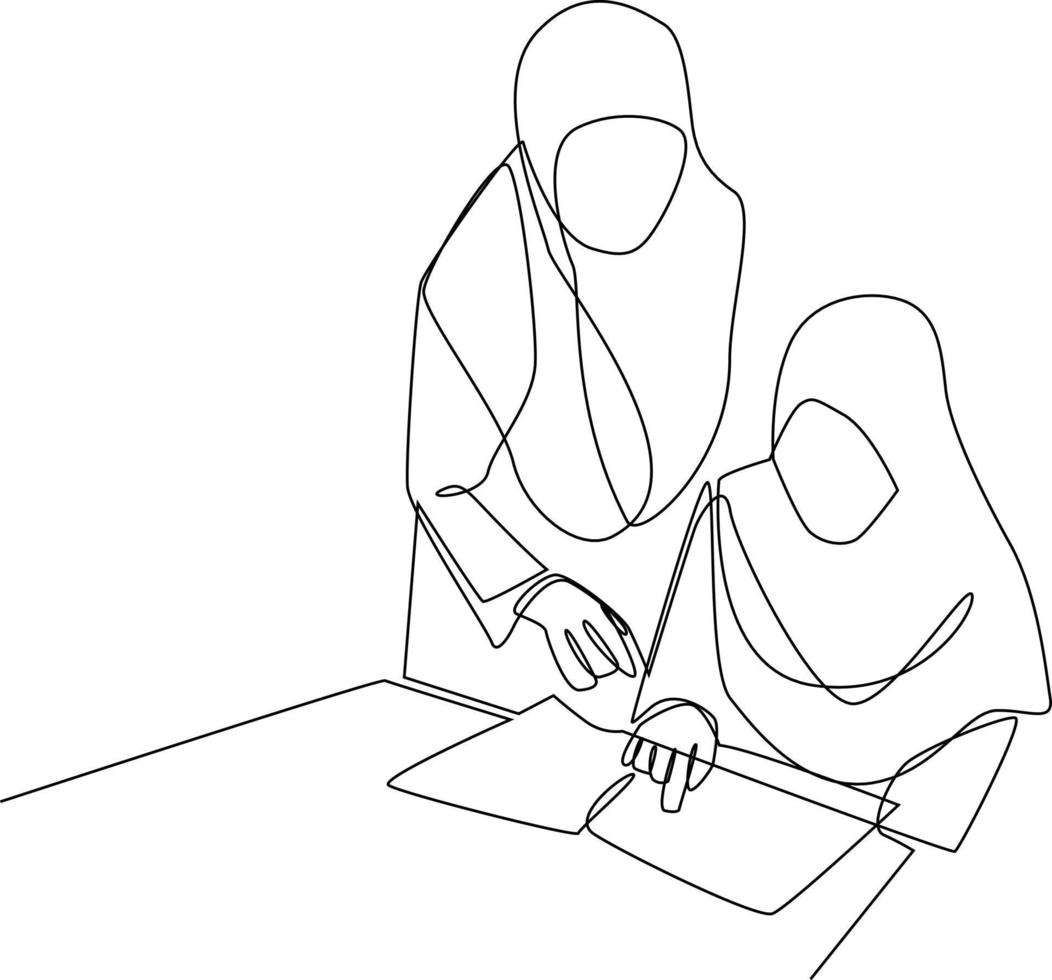 Single one-line drawing teacher teaches her student math. Class in session concept. Continuous line drawing design graphic vector illustration.