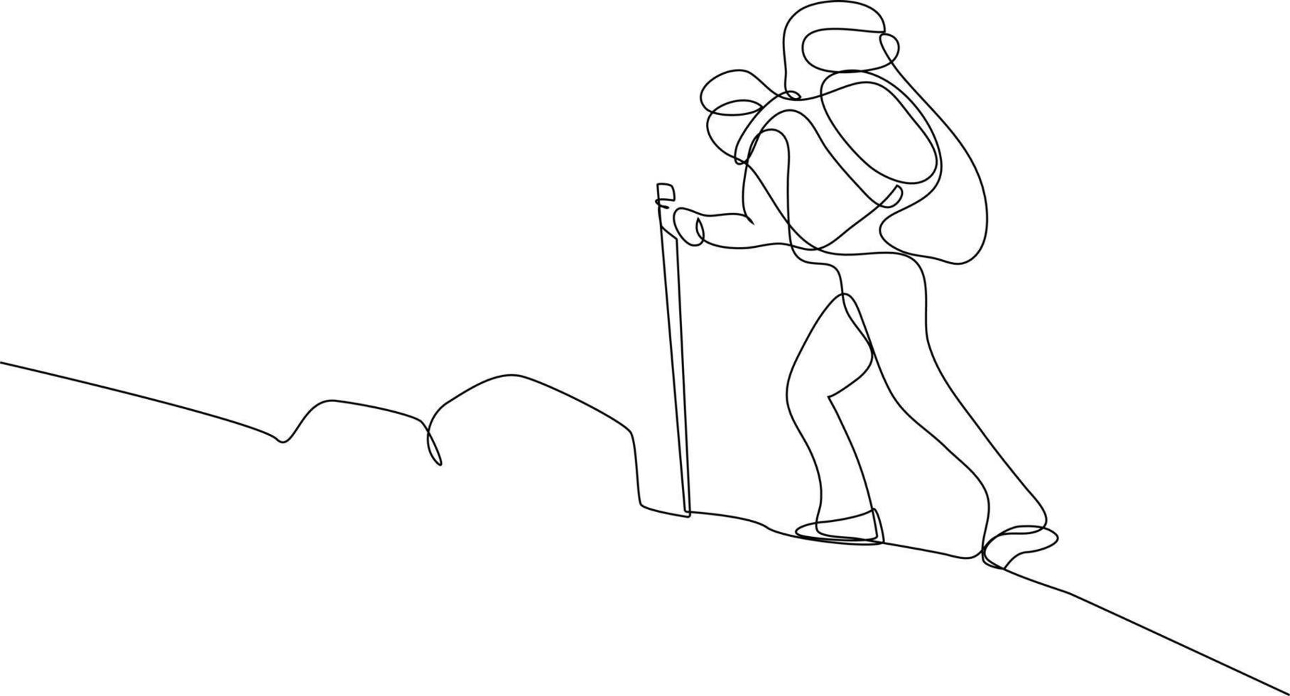 Continuous one-line drawing of a man climbing the mountain alone. Experiential in traveler concept. Single line drawing design graphic vector illustration