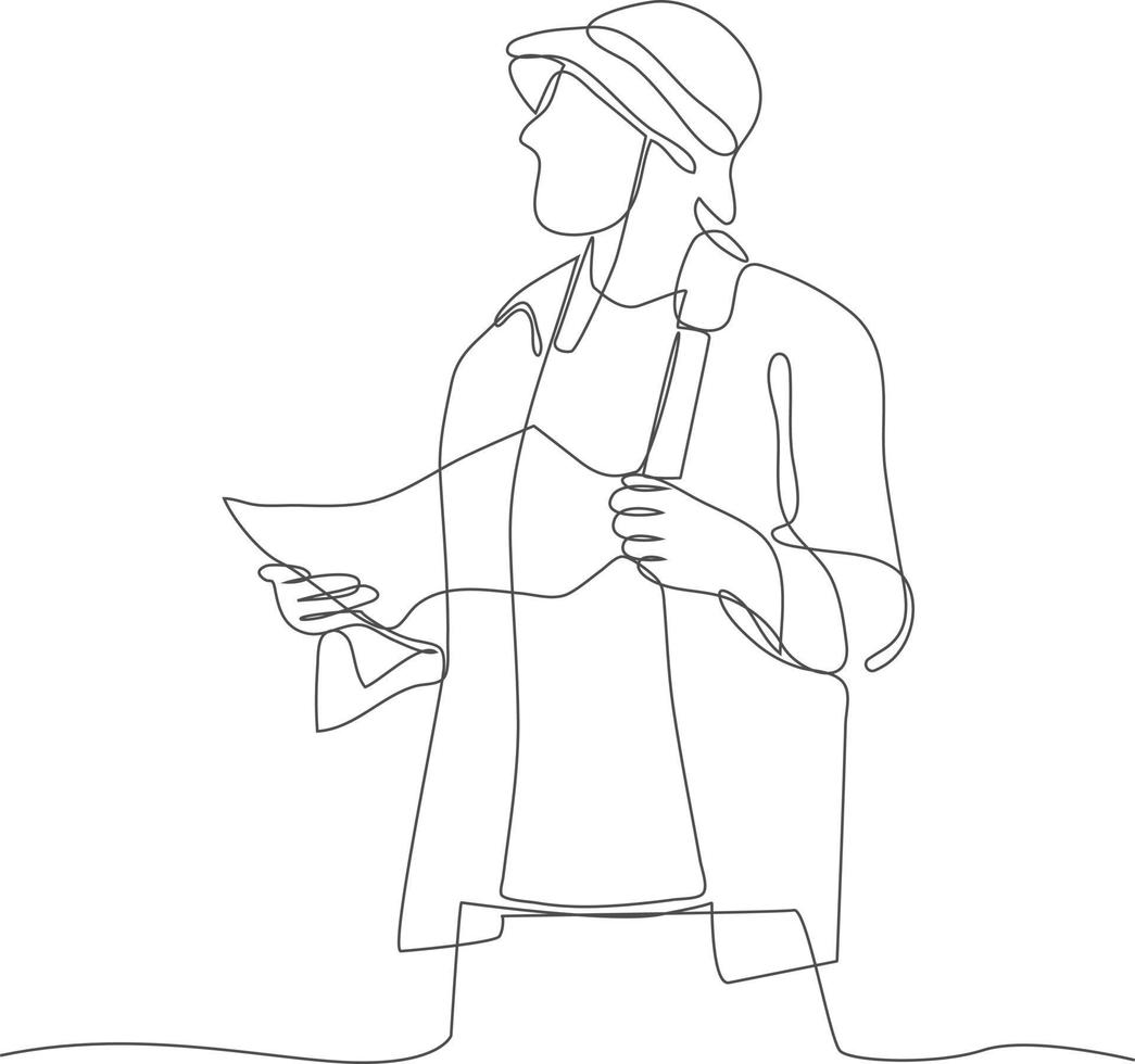 Continuous one-line drawing man looking at the map to find the location. Experiential in traveler concept. Single line drawing design graphic vector illustration