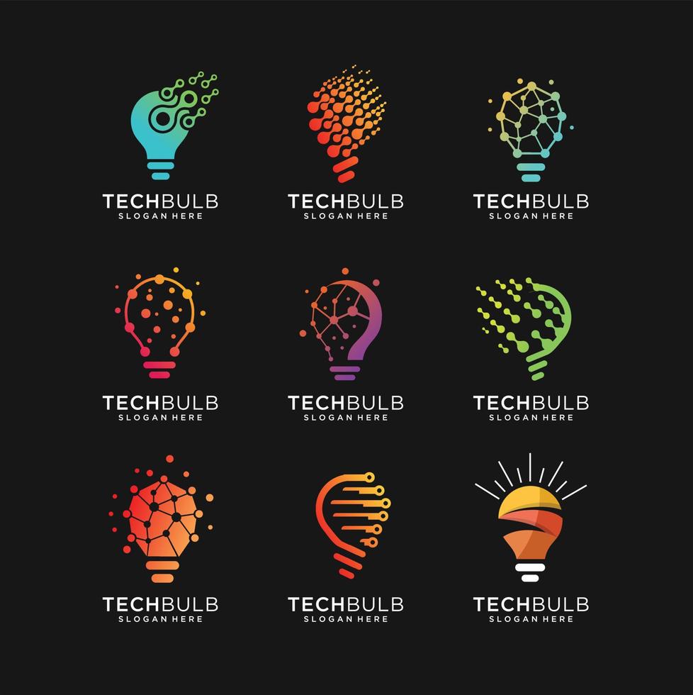 set of Modern Tech Bulb logo designs concept, Pixel Technology Bulb Idea logo template vector