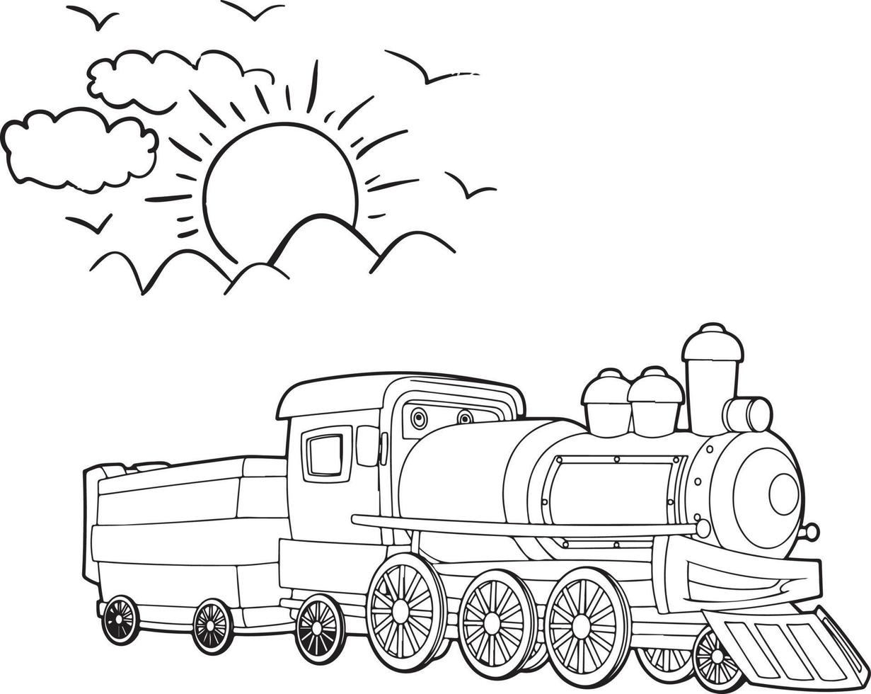 Vector illustration of transportation train on a sunny day. Suitable for coloring book, coloring pages, poster, etc