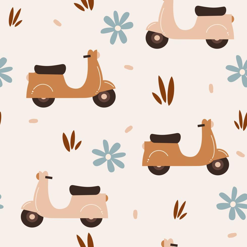 cute pastel cartoon scooter seamless vector pattern background illustration with daisy flowers