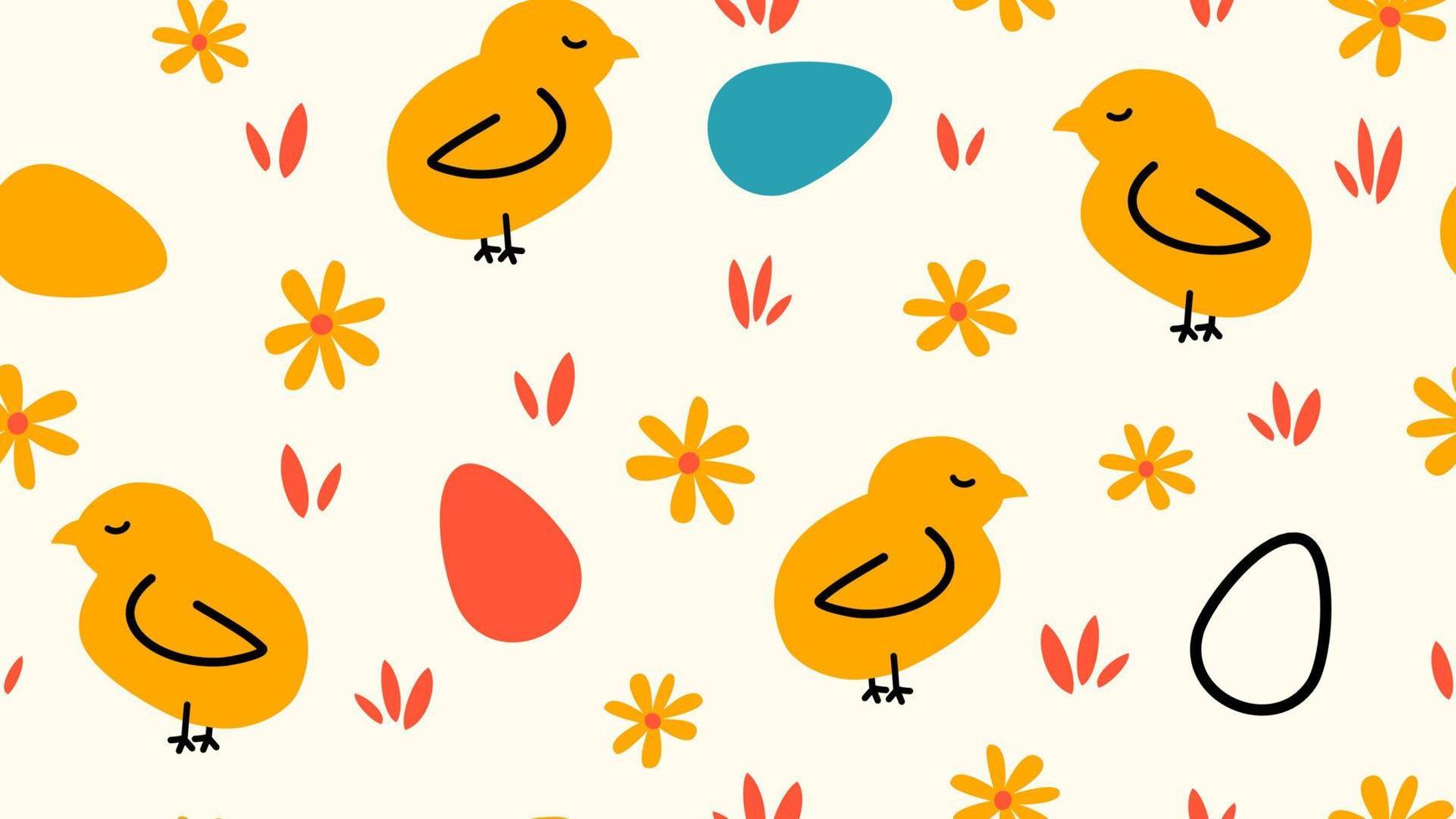 Cute easter seamless vector pattern illustration with colorful egg, yellow daisy flowers and little chicken on white background
