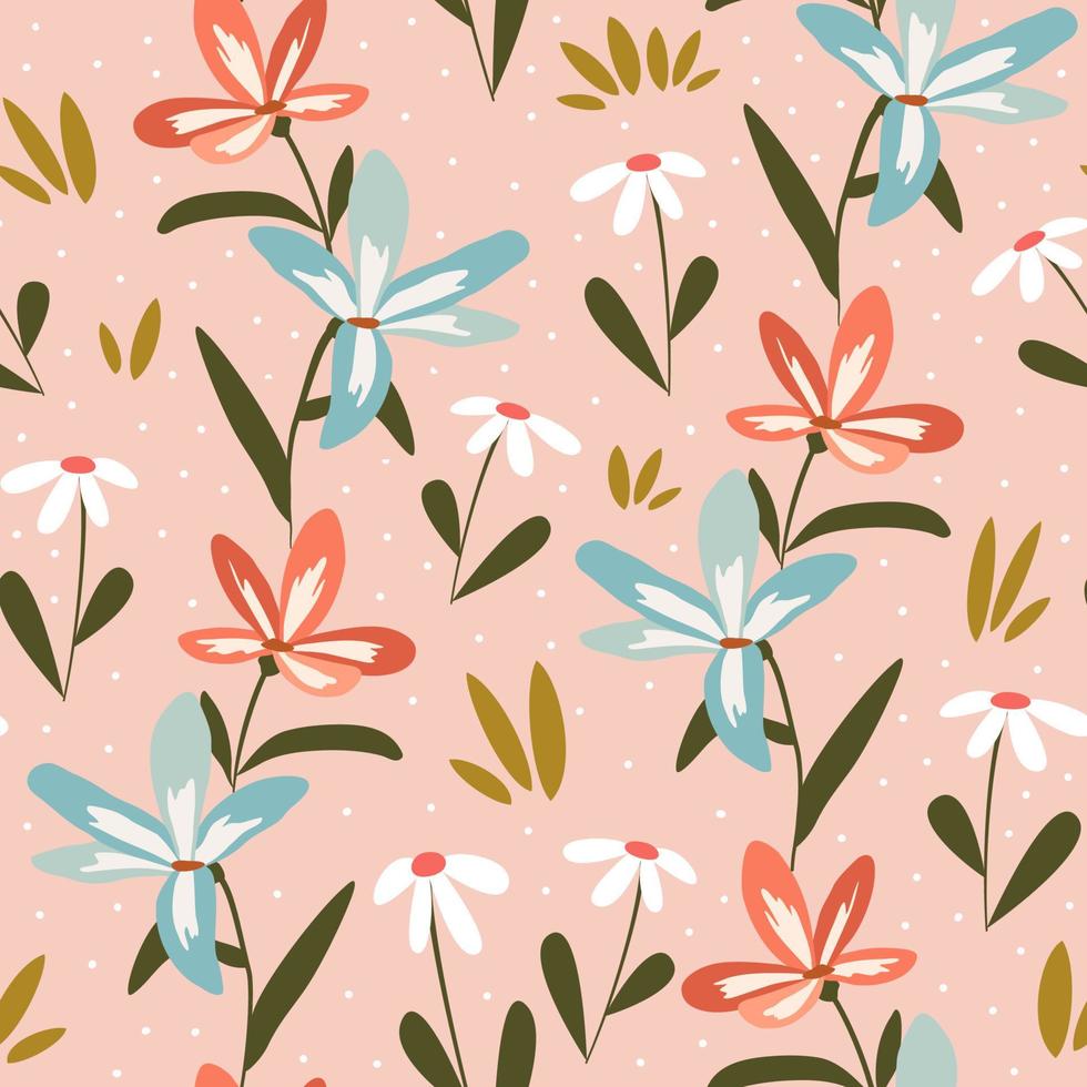 Cute seamless vector pattern illustration with hand drawn pastel flowers on pink background