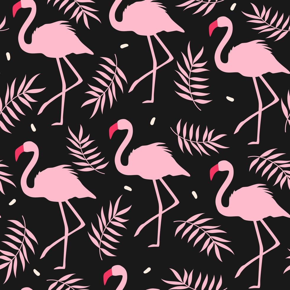 Cute colorful seamless vector pattern illustration with pink flamingos and leaves on dark background