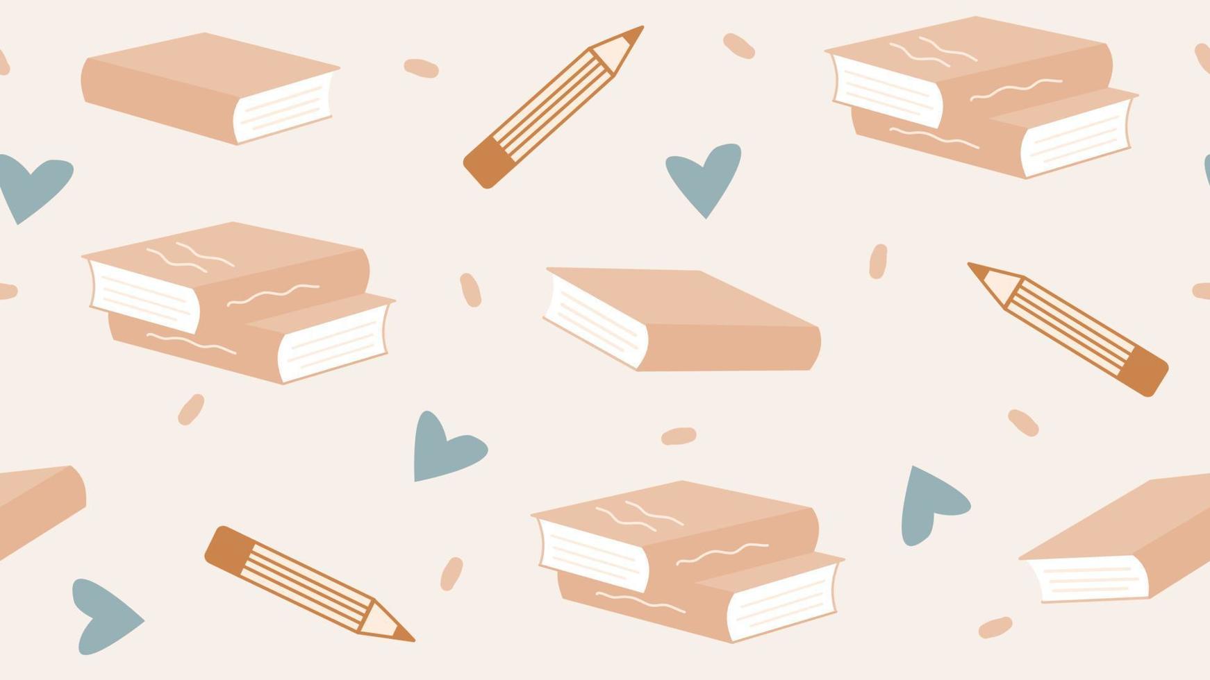 cute pastel colored seamless vector pattern background illustration with books, blue hearts and pencil