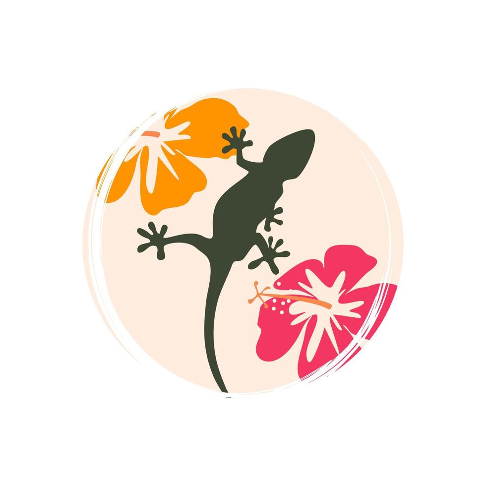 Cute logo or icon vector with green lizard illustration on circle with brush texture, for social media story and highlights