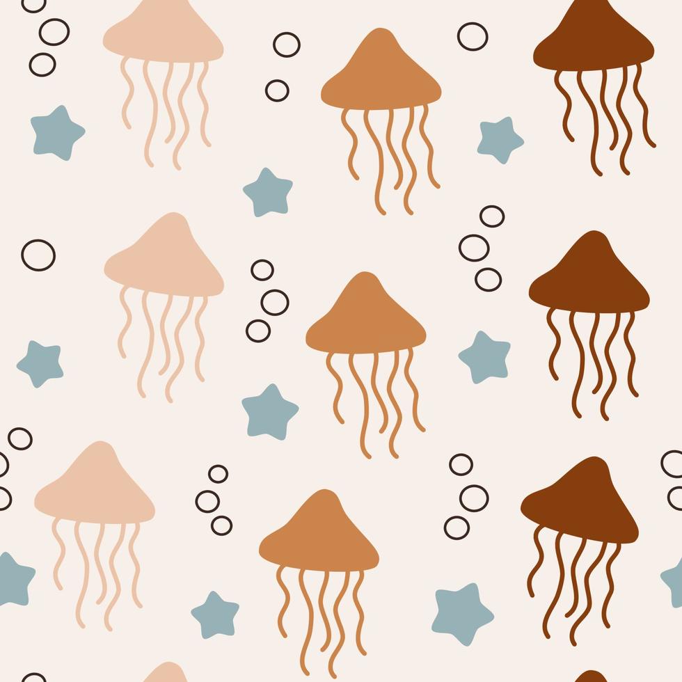 cute pastel cartoon jellyfish seamless vector pattern background illustration with blue little stars