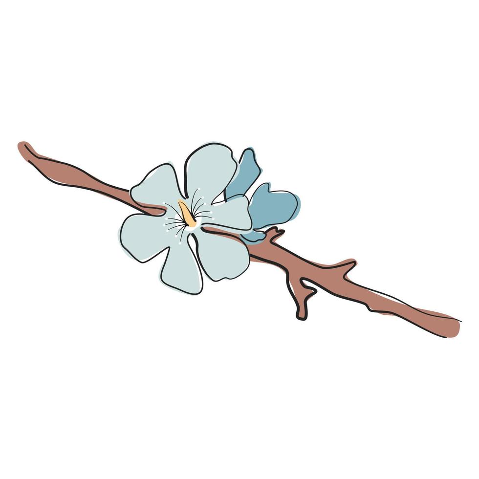 cute hand drawn branch with blooming delicate blue flowers isolated on white background vector illustration