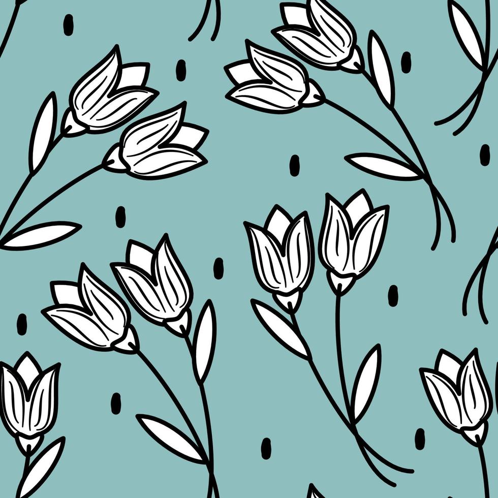 Cute cartoon abstract seamless vector pattern modern illustration with beautiful black and white tulips on blue background