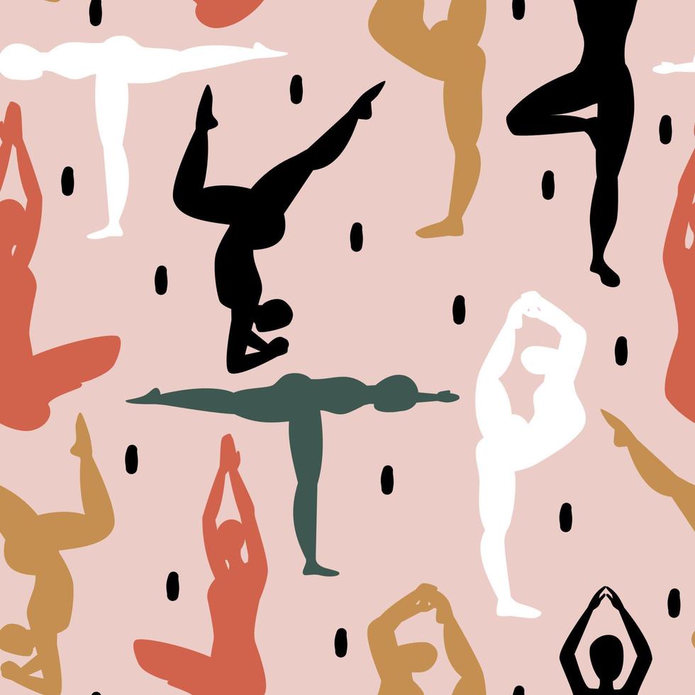 cute funny abstract seamless vector pattern design with colorful asana yoga poses silhouettes and black confetti on pink background healthy lifestyle concept illustration