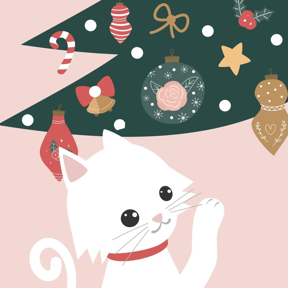 Cute lovely funny hand drawn holidays cartoon greeting card with colorful christmas tree and white adorable cat cozy vector background illustration