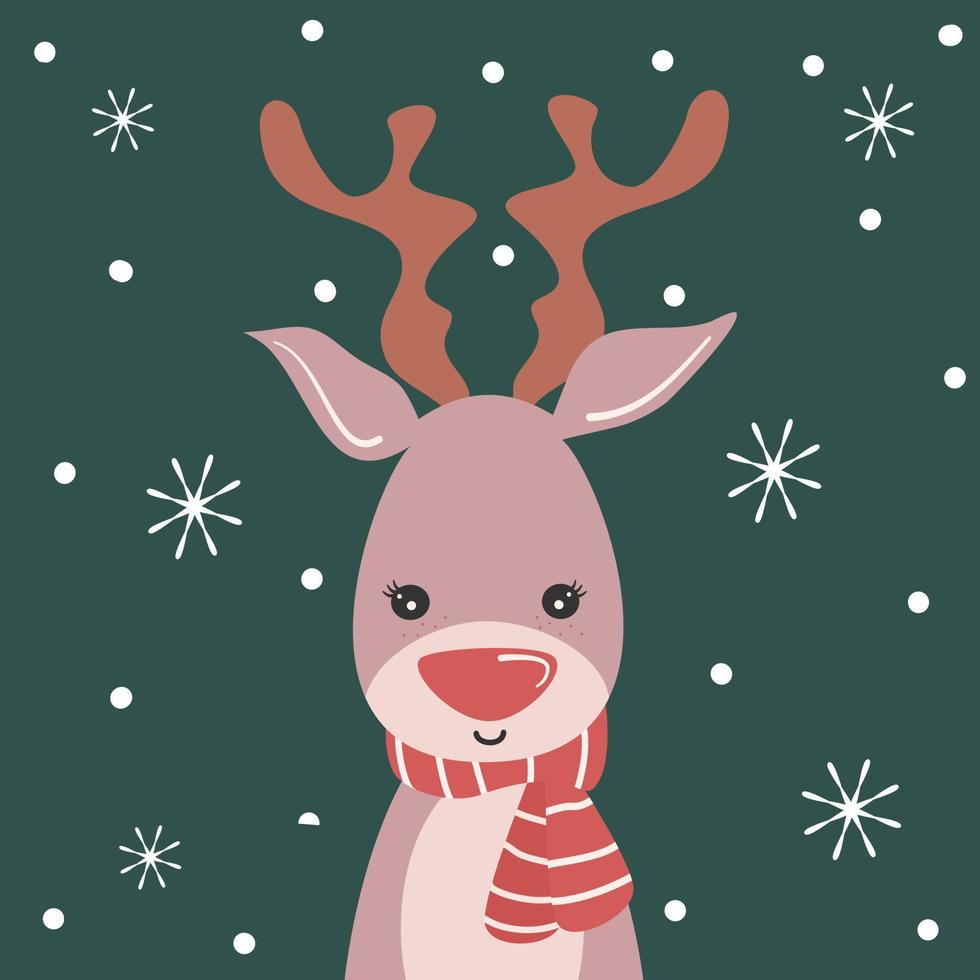 cute holiday christmas vector card illustration with cartoon character reindeer and snowflakes