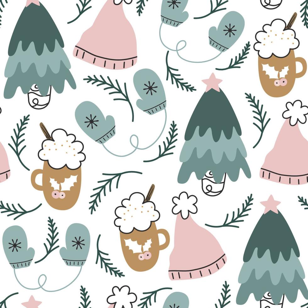 cute colorful hand drawn holidays seamless vector pattern background illustration with cozy traditional christmas and winter season elements collection