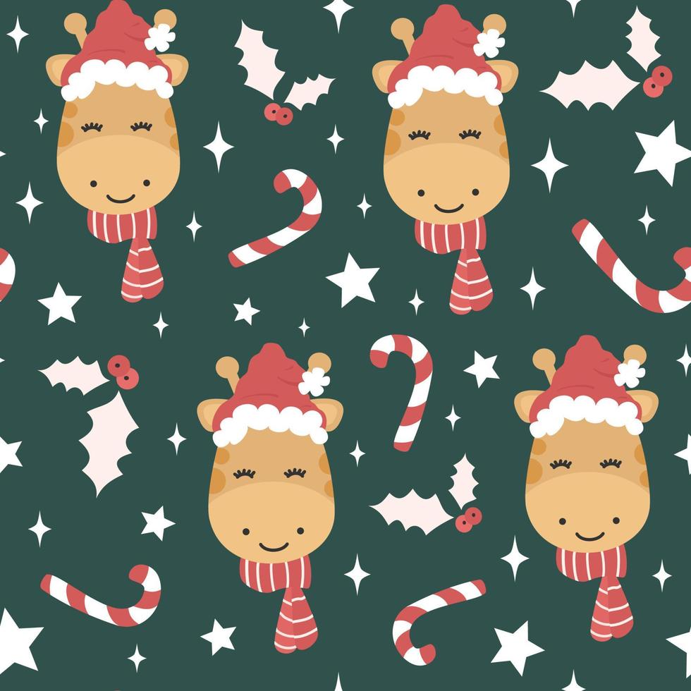 cute winter holidays hand drawn seamless vector pattern background illustration with giraffe with santa claus hat, holly, candy cane and stars