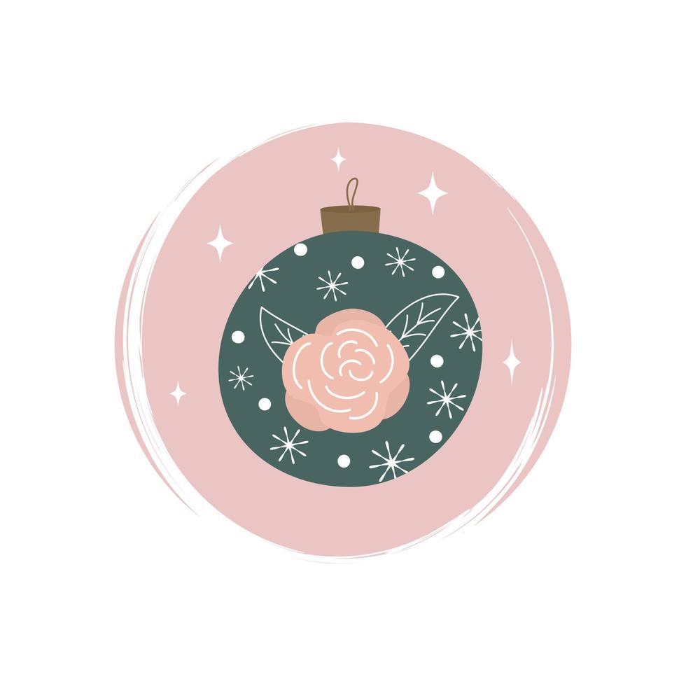 linda verde Navidad chuchería con rosado rosa, copos de nieve y estrellas icono vector, ilustración en circulo con cepillo textura, para social medios de comunicación historia y Destacar vector