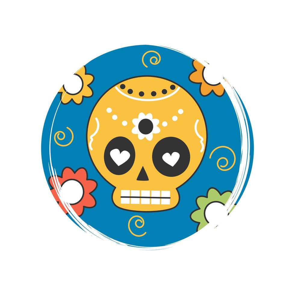 Cute logo or icon vector with traditional mexican skull, illustration on circle with brush texture, for social media story and highlights